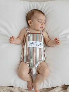 Baby Boy Summer Romper - Striped Overalls With Dog/Crayfish/Bird Embroidery  Sleeveless Play Outfit 0-18M - Khaki - View 4