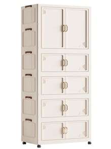 Foldable Multi-Tier Storage Box, Double Door Storage Cabinet For Clothes, Books, Snacks In Bedroom, Living Room, Cream Color