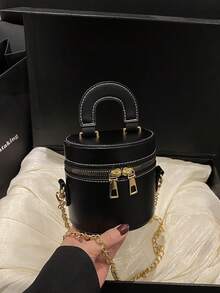 迷你女士时尚金属链迷你水桶斜挎包 - 黑色 - 查看 2