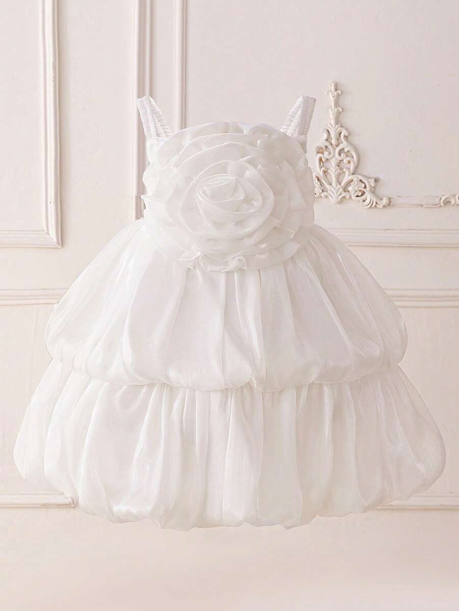 无袖3D立体花朵薄纱优雅花童礼服，适合婚礼、生日派对、演出等场合，不含头饰 - 白色 - 查看 1
