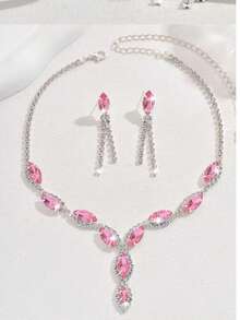 3 件套优雅粉色水晶项链、流苏耳环首饰套装适合女性、婚礼、生日、派对佩戴