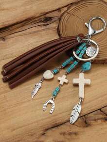 1 pieza Llavero de estilo vaquero occidental retro, llavero con colgante de borla, turquesa, cruz, hoja, herradura, llavero de cuentas de turquesa y borla, regalo de estilo occidental, llavero de cruz, decoración de borla, vaquera hippie occidental, llavero de coche, llavero de cruz, accesorio de bolsa, regalos para uso diario, hombres y mujeres, accesorios de coche/bolsa, mochila, recuerdo, regalo