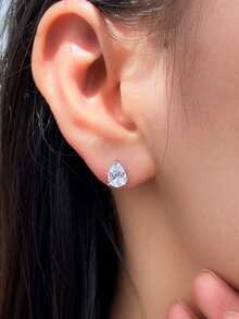 1 Pair Super Sparkling White Water Drop Cubic Zirconia Simple Classic 925 Sterling Silver Second Piercing Stud Earrings For Women, Fine Jewelry Anniversary/Holiday Gift - White - View 3