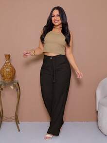 Women's Linen High Waist Trousers With Elegant And Detailed Rope Belt And Pence - 黑色 - 查看 2