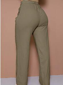 Women's Linen High Waist Trousers With Elegant And Detailed Rope Belt And Pence - Mocha Brown - View 3