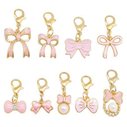 9Pcs Pink Bow Charms With Lobster Clasps, Cute Enamel Pendants For DIY Jewelry Making - Bag, Shoe, Clothing Accessories, Craft Decor