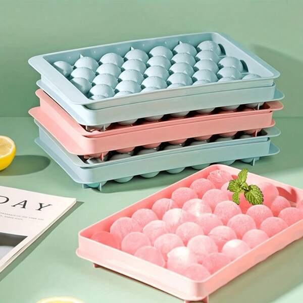 1pc 33-Cavity Silicone Ice Cube Tray With Lid, Ice Ball Maker Mold, Ice Cube Mold For Drink Chilling, Refrigerator Ice Maker In Blue & Pink