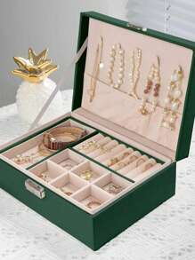 1pc Dual-Layer PU Leather Jewelry Box, Large Capacity Earring, Necklace, Bracelet Storage Box, Women's Portable Multi-Function Jewelry Box With Safety Lock And Reliable Soft Pad Drawers, Velvet Lining Travel Case, Jewelry Gift Box, Anti-Theft Design, Women Jewelry Gift Box With Large Capacity And Multi-Compartment, Suitable For Rings, Earrings, Necklaces And Bracelets