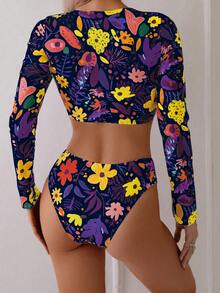 New Split Bikini Swimwear Set With Printed Crew Neck Long Sleeve - Navy Blue - View 2