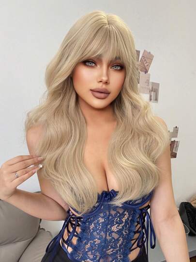 1-Piece Synthetic Heat Resistant Curly Hair With Bangs Wig Color 24 Inch Woven Daily Natural Realistic Wig