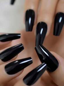 24pcs Glossy Solid Color Medium Coffin Ballet Fingernails Press On Nails Fake Nails Art For Outdoor Travel With Tools Bag