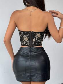优雅花卉印花蕾丝荷叶边露背可爱紧身胸衣上衣 - 合身紧身胸衣关闭按钮 - 黑色 - 查看 6