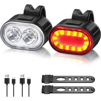 Bicycle Front And Rear Light Set, Bike USB Rechargeable Headlight And Taillight, LED Lights, Bicycle Accessories