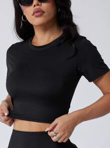 1pc Women Classic Black Round Neck Short T-Shirt - Knit Fabric, 220g/M², 86% Polyester 14% Spandex, Medium Stretchiness, Comfortable, Essential For Workout, Yoga, Casual Outing, Suitable For All Seasons