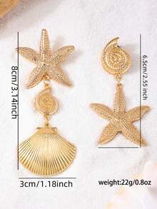一对不对称贝壳和海星设计耳环，女士海洋度假风格