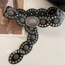 1pc Black Hollow Out Faux Leather Round Buckle Belt, Metal Fashion Waist Belt, Bohemian Style Suitable For Daily Use