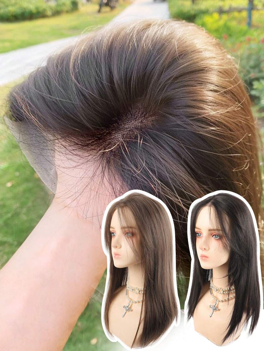 合成天然假发直发假发手工钩编蕾丝发片黑棕色假发增厚发质遮盖白发