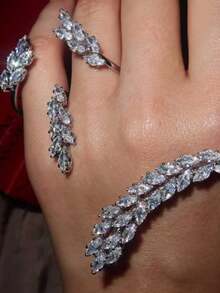 1 chiếc vòng tay bạc hình lá Cubic Zirconia có thể điều chỉnh, vòng tay ngón tay kết nối sang trọng dành cho cô dâu trong đám cưới - Bạc - Xem 2