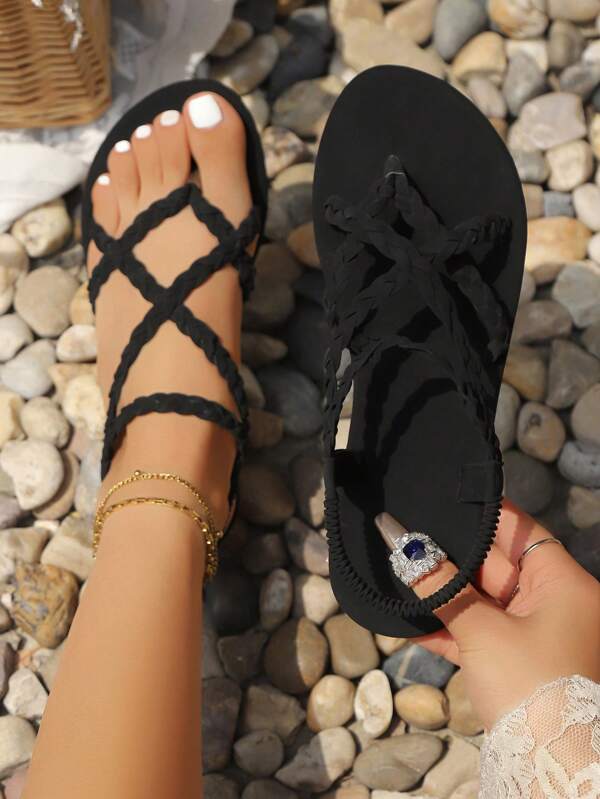 Women Flat Sandals, Solid Color Criss-Cross Elastic Straps Non-Slip, Casual Summer Beach Slippers