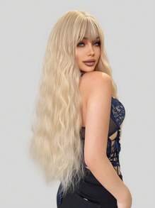 1 pieza Peluca de cabello sintético rizado resistente al calor con flequillo, dorada de 32 pulgadas tejida, natural y realista para uso diario