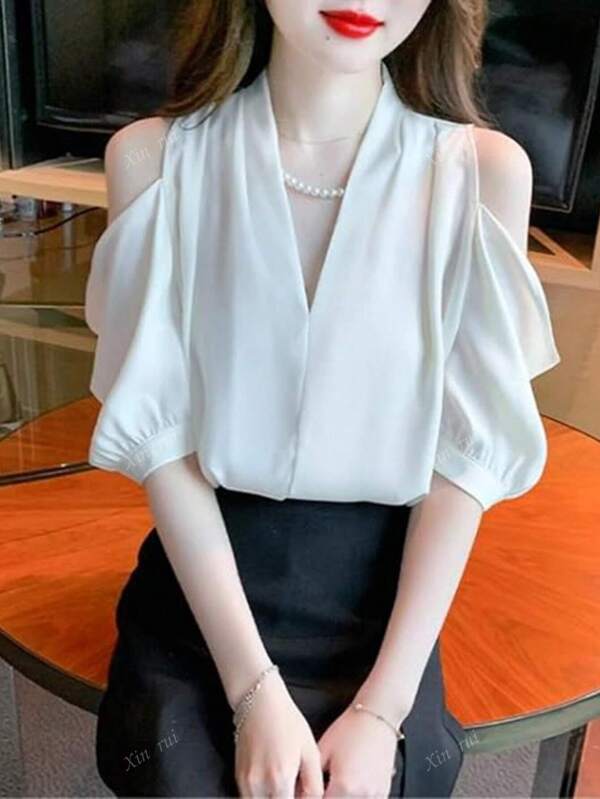 Blusa elegante y holgada de unicolor con hombros descubiertos, para el verano
