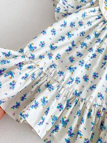 Baby Girl Ditsy Floral Embroidery Cap Sleeve Dress, Summer Baby Clothes - 杏色 - 查看 5