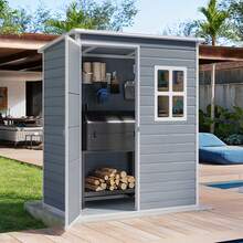 Lofka 5x3 FT Outdoor Storage Shed With Lockable Door, Resin Weatherproof Plastic Garden Shed With Floor & Ventilation, Backyard Shed For Patio, Lawn Tools, Bike, And Toys - Grey - View 1
