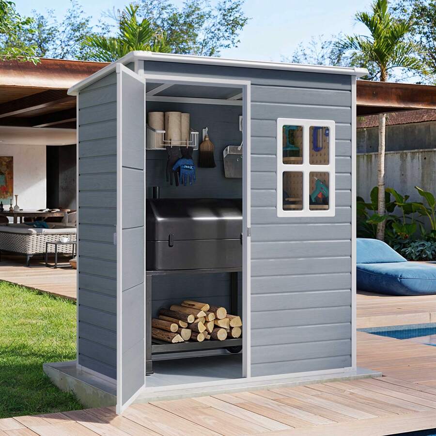 Lofka 5x3 FT Outdoor Storage Shed With Lockable Door, Resin Weatherproof Plastic Garden Shed With Floor & Ventilation, Backyard Shed For Patio, Lawn Tools, Bike, And Toys - Grey - View 1
