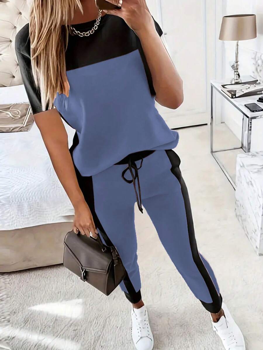 2pcs/Set Casual Patchwork Contrast Color Short Sleeve Round Neck T-Shirt & Ankle Length Pants Summer Elegant - Dusty Blue - View 1