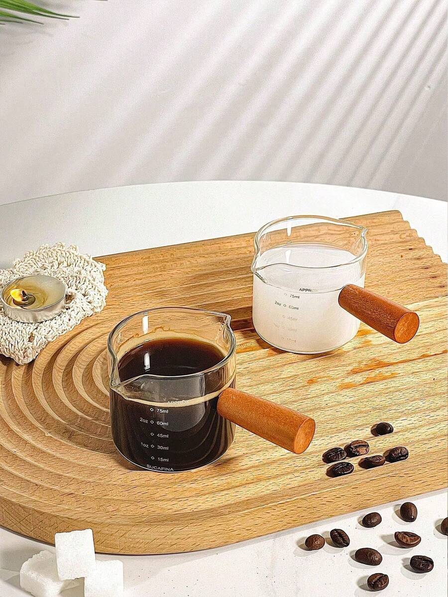 1 件木柄量杯家用酒吧厨房餐饮玻璃杯双口牛奶杯工具牛奶壶厨房餐具耐热咖啡牛奶杯玻璃咖啡杯牛奶杯意大利玻璃咖啡量杯、拿铁杯、迷你奶罐学校用品