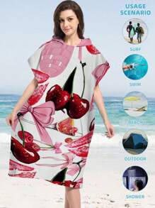 1 Peça Capa/Poncho com Capuz Estampa de Morango e Cereja - Super Macio em Microfibra com Estampa de Praia, Adequado como Presente para Homens, Mulheres, Casais - Decoração de Praia e Casa, Xale para Casais | Roupão de Microfibra, Adequado para Todas as Férias de Volta às Aulas