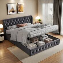 Upholstered Bed 140x200cm 160x200cm 180x200cm Hydraulic Double Bed With Slatted Frame And Storage Space Youth Bed Storage Bed Velvet Headboard Euro Bed Grey (Without Mattress) - 深灰色 - 查看 2