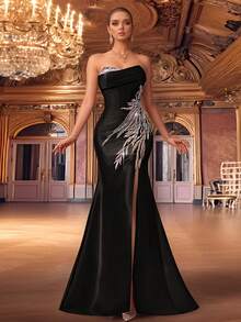 VIPGIRL 最新款黑色手工两件套高开衩设计连衣裙，奢华、柔软、优雅的晚礼服 - 黑色 - 查看 3