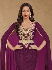 MIUSOL Robe de soirée maxi élégante à manches longues en dentelle florale et mousseline de contraste. Tenue de cérémonie, de gala, pour les invités de mariage