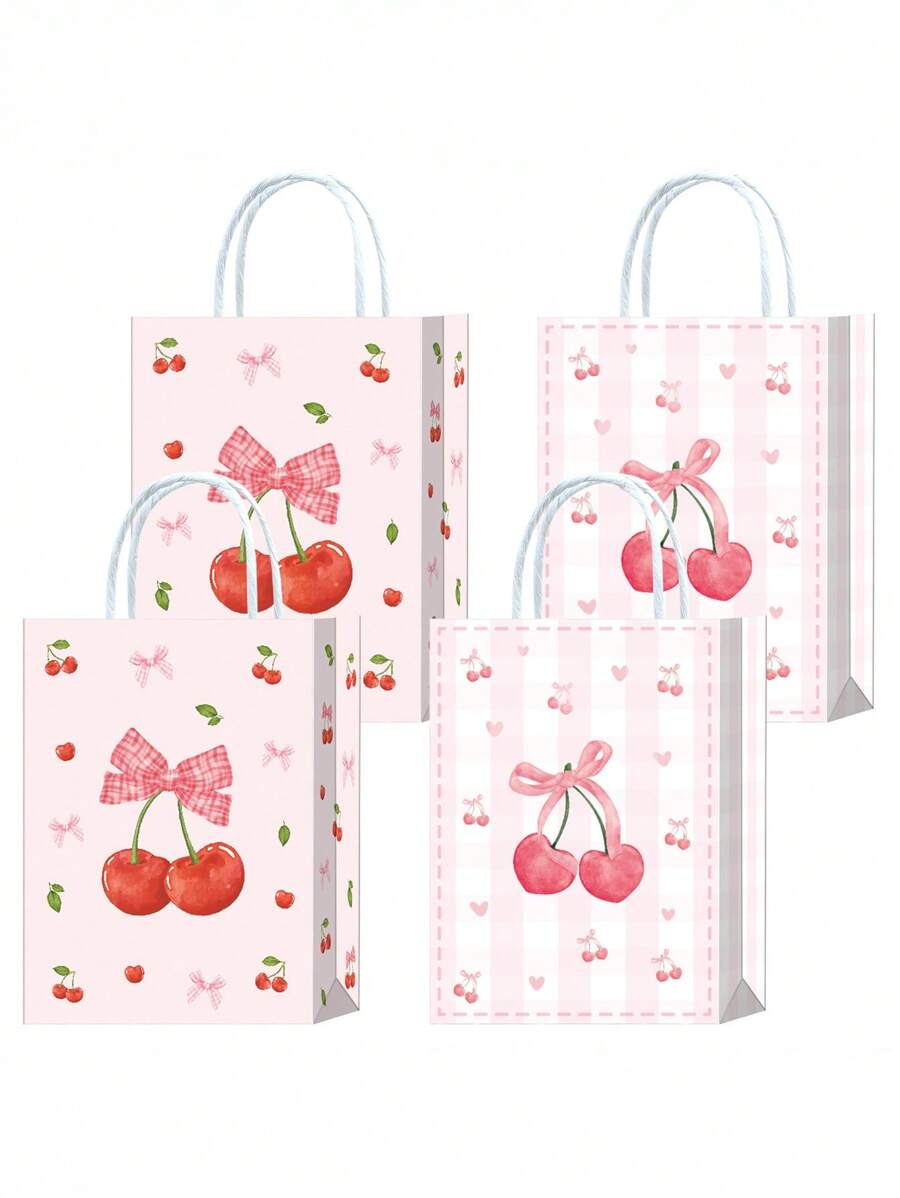 1 set / 5 piezas, bolsa de regalo con lazos de cereza para fiesta, bolsa de papel con dibujos animados de colores impresos
