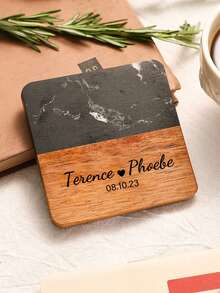 1pc Customized Text Marble & Wooden Coaster, Housewarming, Wedding, Anniversary, Engagement Personalized Gift - Multicolor - View 14