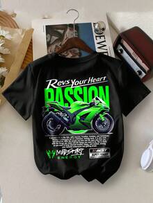 Camiseta de cuello redondo informal de verano con gráfico de impresión de letras de motocicleta para niño joven