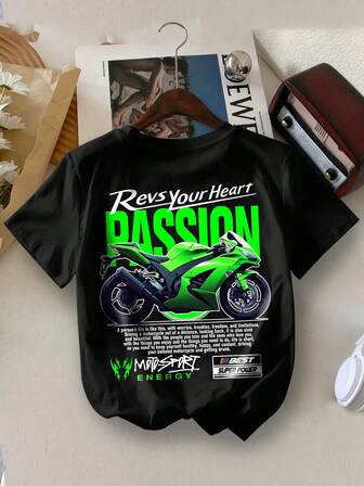 Camiseta de cuello redondo informal de verano con gráfico de impresión de letras de motocicleta para niño joven