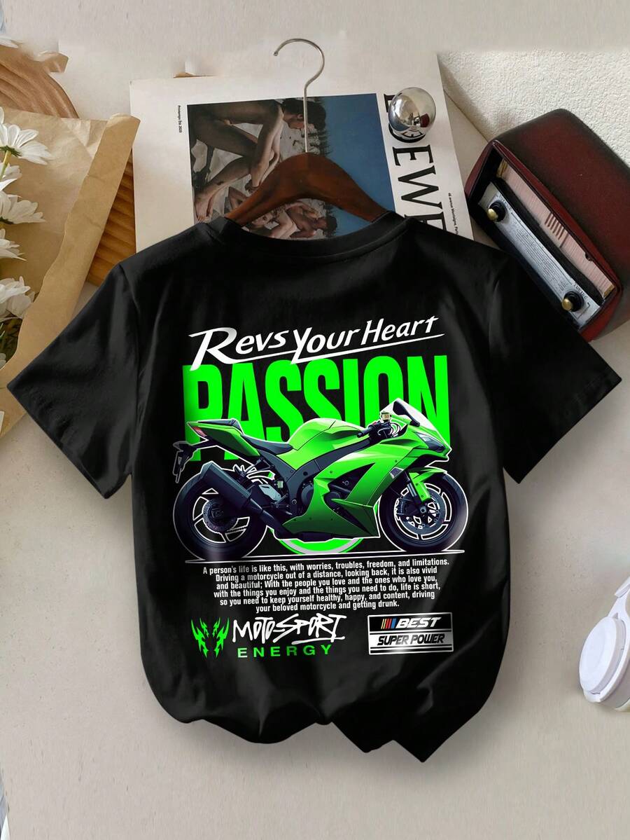 Camiseta de cuello redondo informal de verano con gráfico de impresión de letras de motocicleta para niño joven