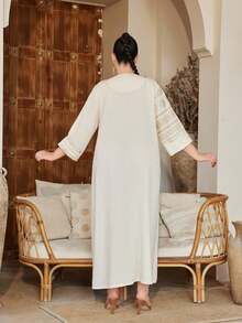 2026 New Style Ramadan Traditional Elegant Embroidered Gold Floral Dress, V-Neck Asymmetric Patchwork Creative Pocket, For Spring/Summer, Eid Al Adha - Apricot - View 12