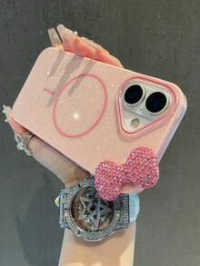 1个水钻蝴蝶结磁吸手机壳，兼容 16/15/14/13/12/11，15英寸闪亮超薄戒指保护套，14 Pro Max/17英寸，情人节礼物 - 粉色 - 查看 6