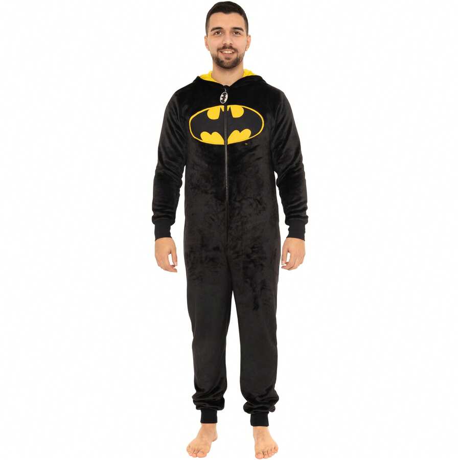DC Comics Batman  | Batman Mens' Hooded One Piece Sleepsuit | Mens' PJs | Fast UK Delivery Shipping | Trusted UK Seller | Great Gift For Kids | Perfect For Fathers' Day, Birthdays And Christmas - Black - View 1