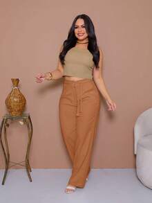 Women's Linen High Waist Trousers With Elegant And Detailed Rope Belt And Pence - màu nâu - Xem 3