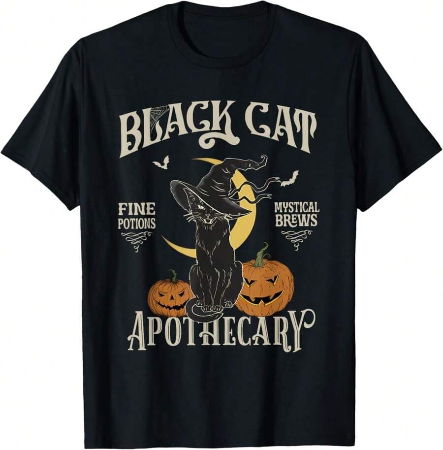 Retro Scary Halloween Costume Black Cat  Apothecary T-Shirt Gift For Dad Gift For Son Mother's Day Gift For Stepmom - Black - View 1