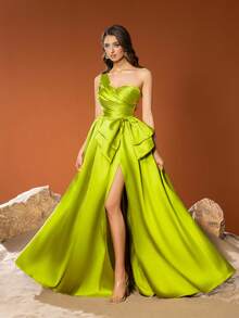 Faeriesty Elegant Satin One-Shoulder Formal Dress, Featuring Eye-Catching 3D Bow Accent And Ruched Fitted Bodice - A-Line Skirt With Flowing Silhouette, Cinched Waist To Highlight Waistline, Floor-Length Gown For Graceful Look, Ideal For Formal Occasions Like Galas And Birthdays - Green - View 8