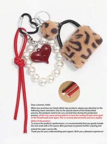 1 pieza Llavero/Accesorio de cuerda de bolso Charm de mujer con estampado de leopardo y perla y corazón, decoración de bolso, colgante de billetera con forma de corazón, llavero de bolso, accesorio de cuerda de bolso, llavero de coche, colgante de bolso femenino, regalo creativo