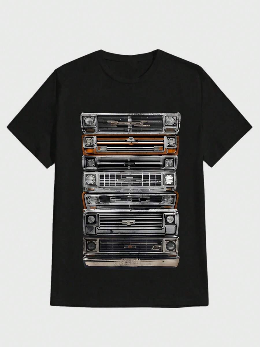 Para hombre,Camisa con estampado de caras de camiones antiguos "Camisa con estampado de caras de camiones vintage",Camiseta casual de cuello redondo y manga corta con estampado,adecuada para uso diario en primavera y verano,unisex - Negro - Ver 1