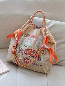 1 件新款休闲伦敦城刺绣大容量轻质尼龙手提包，适合通勤、购物、派对、手提和单肩