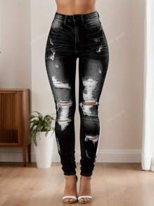 25 Vêtements pour femmes AW Automne Sexy Jeans taille haute pour femmes Jeans skinny déchirés et étirés Jeans taille haute qui soulève les fesses Pantalon en denim