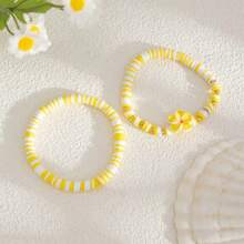1 Set Of 2 Bohemian Style Handmade Polymer Clay Bead & Resin Flower Elastic Bracelets, Summer Beach Dopamine Gradient Floral Layered Bracelets For Women, Suitable For Daily Wear And Vacation